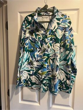 Women's Floral Quarter-Zip Pullover Hoodie in Blue, Green & White